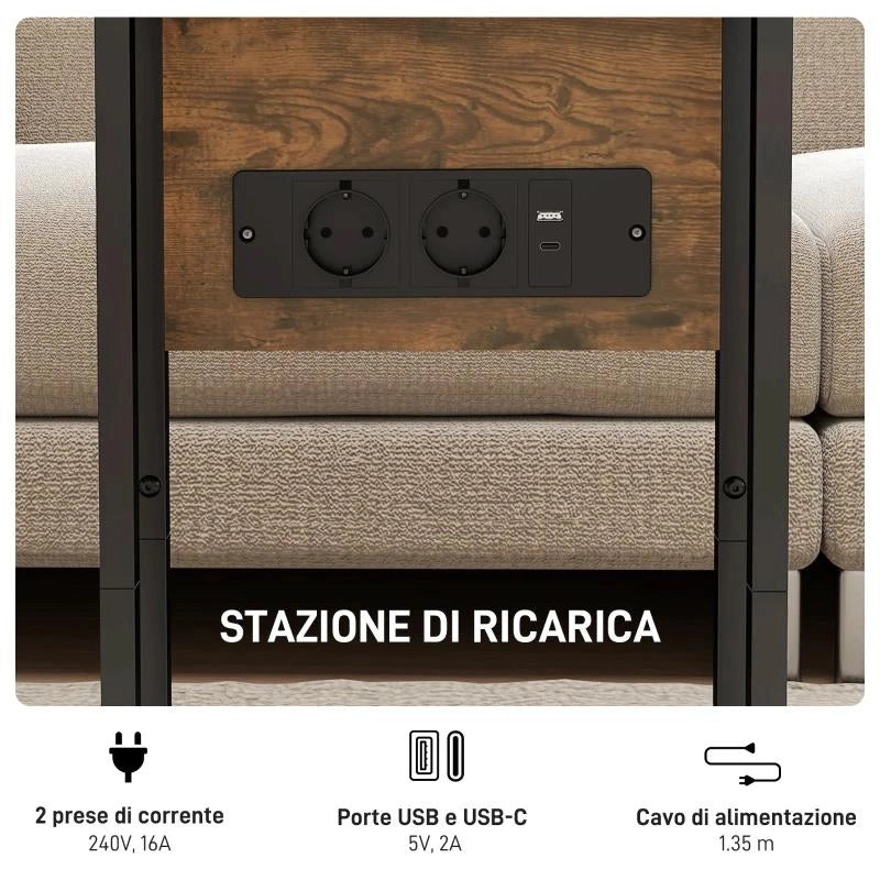 TAVOLINO DA SALOTTO A C ESPANDIBILE CON 2 STAZIONI DI RICARICA, IN LEGNO E METALLO, 39X29X57 CM, NERO E MARRONE