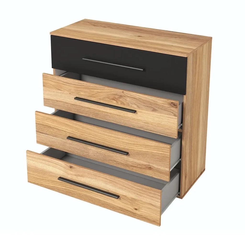 Camera da letto design collezione EOS: Armadio, Letto 180x200, comò, comodini. Colore rovere chiaro e nero.