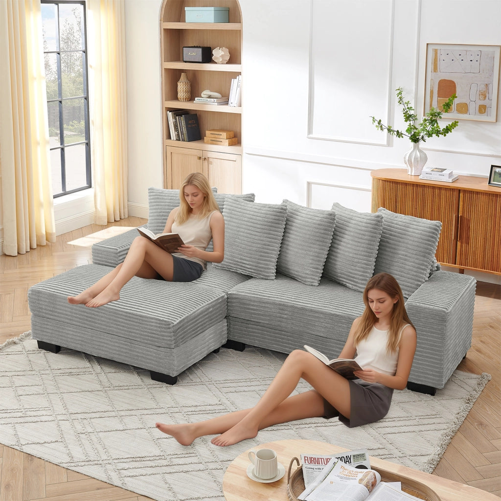 Divano Angolare 4 Posti ¨C MINIMAL ¨C Tessuto Corduroy Grigio, 256x133x89 cm, 6 Cuscini