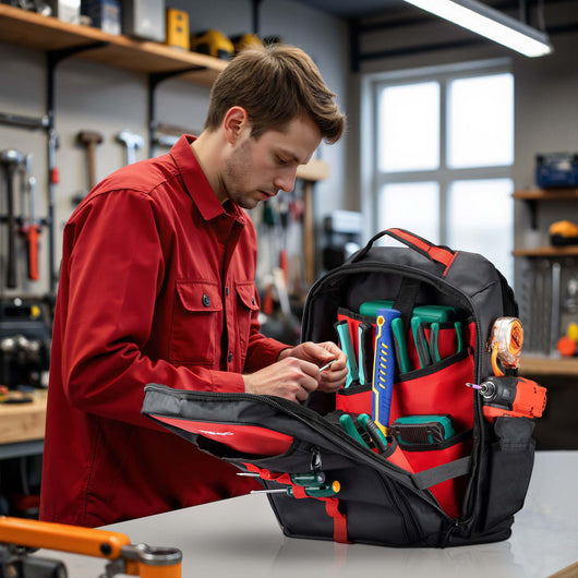 Zaino porta attrezzi 33 x 20 x 43 cm, portata 30 kg, borsa porta attrezzi con 16 scomparti, zaino porta utensili imbottito, per elettricista, idraulico, giardiniere,