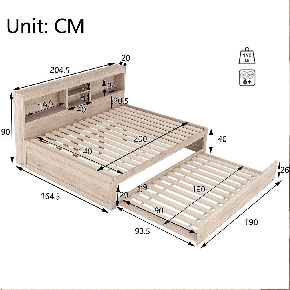 Divano letto daybed - Xylo - 140x200 cm LED USB contenitore naturale