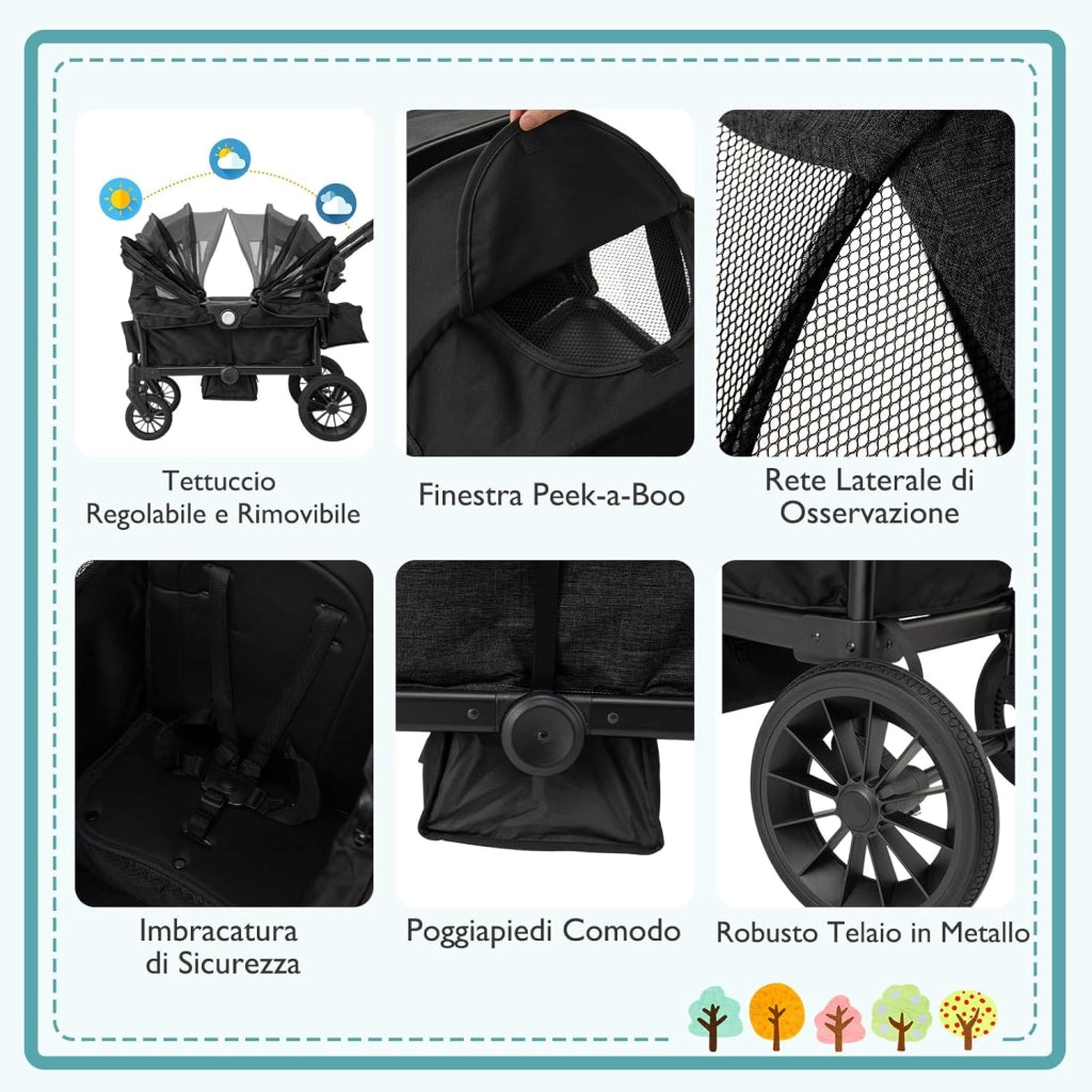 Passeggino Doppio Pieghevole, Passeggino Gemellare con Manico Regolabile, Tettuccio Rimovibile, Portabicchieri, per Bambini da 6+ Mesi, 104 x 57 x 107 cm (Nero)