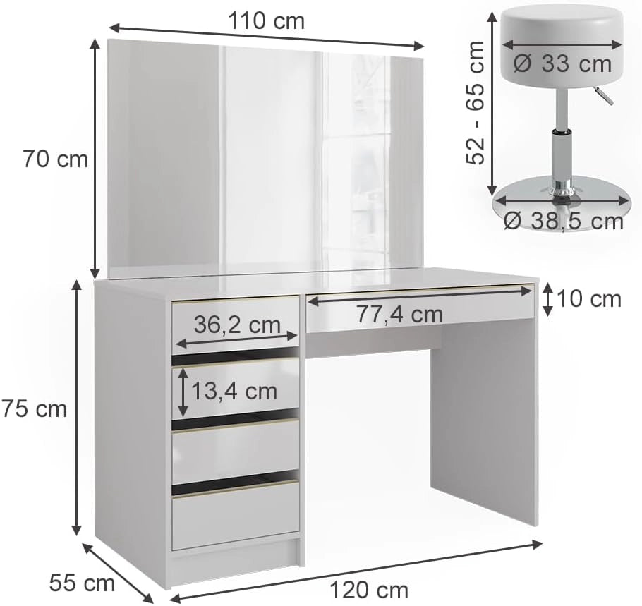 Set tavolino da toilette Sherry, Bianco/Oro, 120 cm con sgabello, inclusi sgabello e grande specchio per l’uso quotidiano