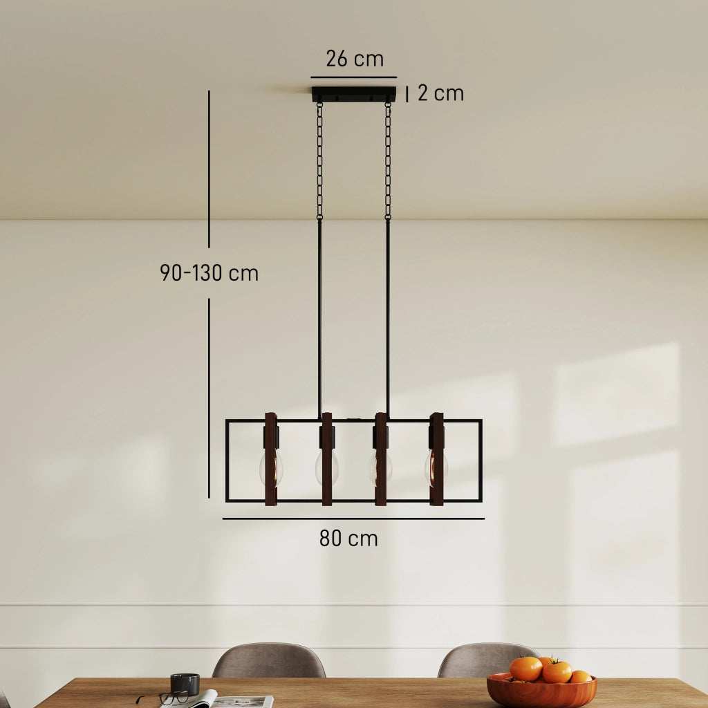 Lampadario a Sospensione Rustico 80x21x90-130 cm con 4 Cornici Girevoli e Catena Regolabile Nero e Marrone