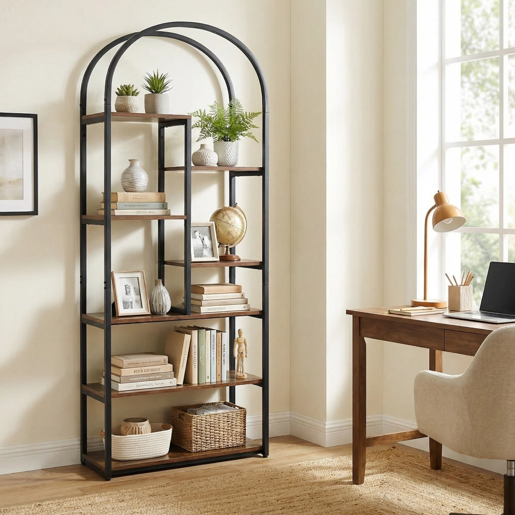 Libreria ad arco con 2 kit antiribaltamento e piedini regolabili, Libreria a 7 ripiani aperto con struttura in legno robusta
