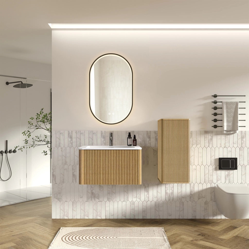 Mobile bagno con lavabo specchio LED e colonna sospesa con ante e vano contenitore per bagno in MDF rovere