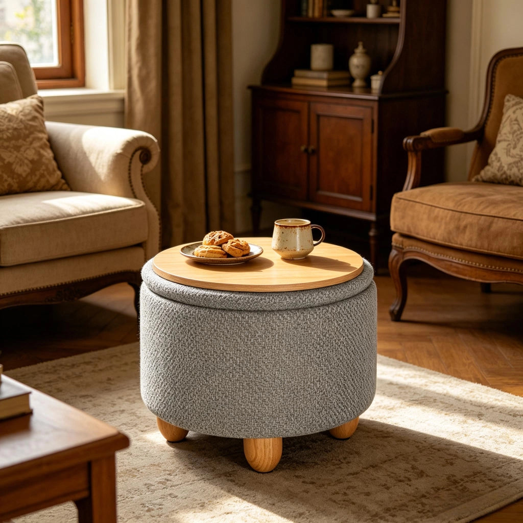 Pouf contenitore rotondo con seduta imbottita e vassoio in legno per soggiorno in lino, MDF e pino grigio chiaro