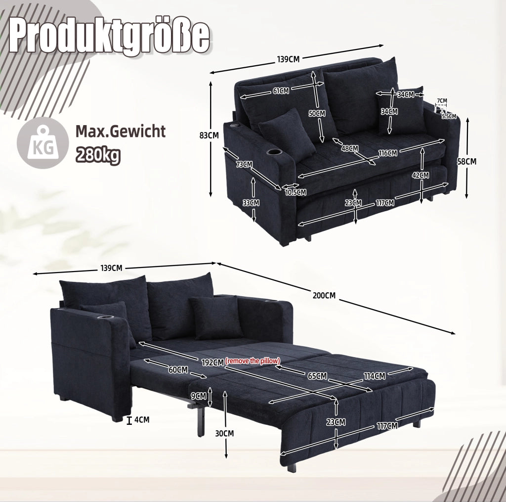 Divano letto 139x73x83 cm nero, USB, portabicchieri, tessuto chenille