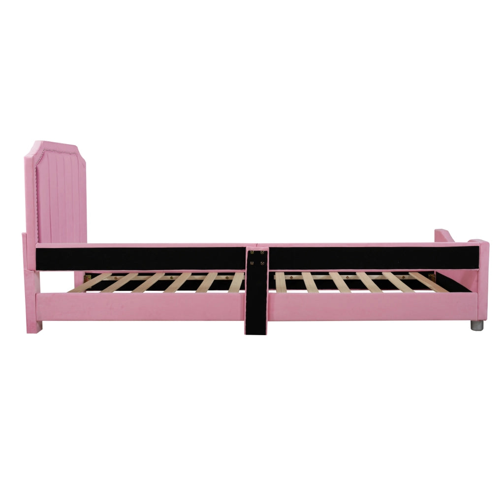 Letto imbottito per bambini 90 x 200 cm in flanella rosa con rete a doghe
