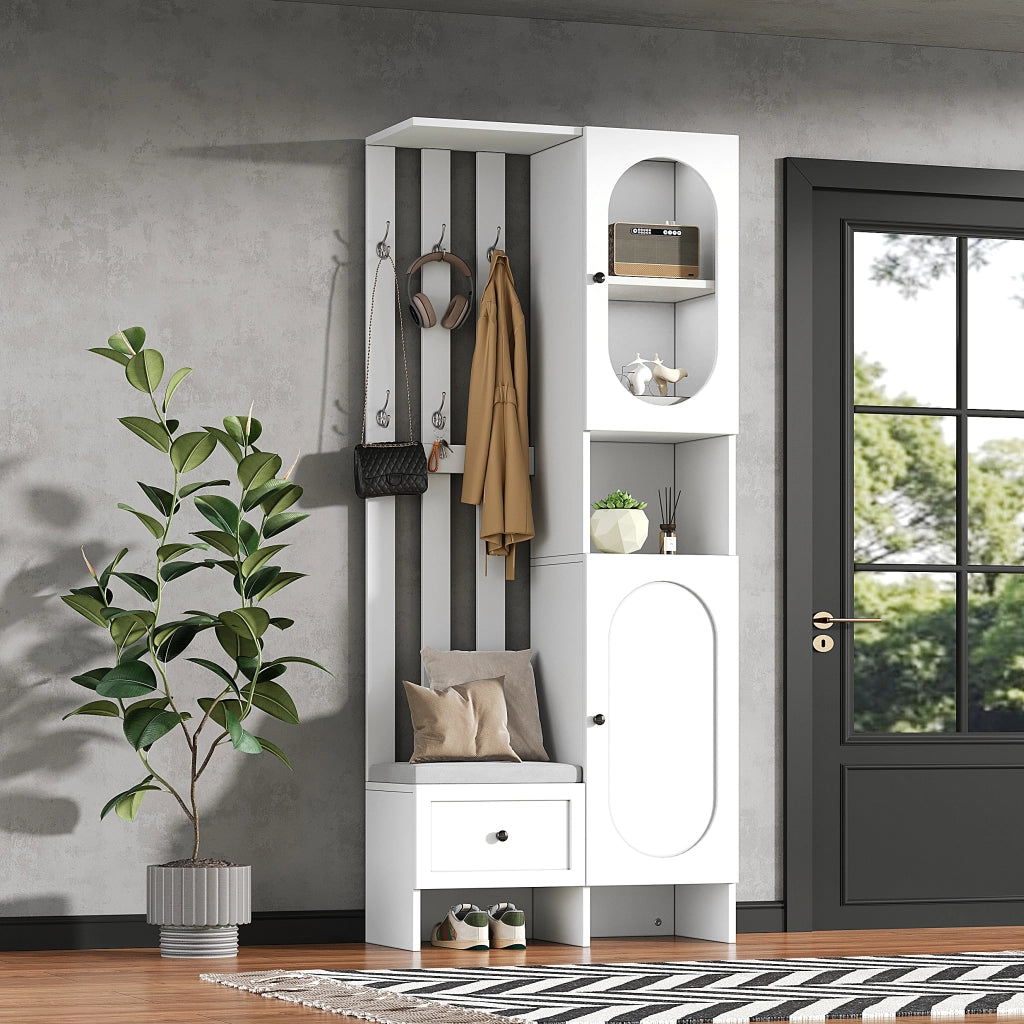 OKWISH Mobile da ingresso con 2 Armadi, 1 Cassetto, 10 Vani Portaoggetti e 6 Ganci, Panca portascarpe 85×33.5×200 cm