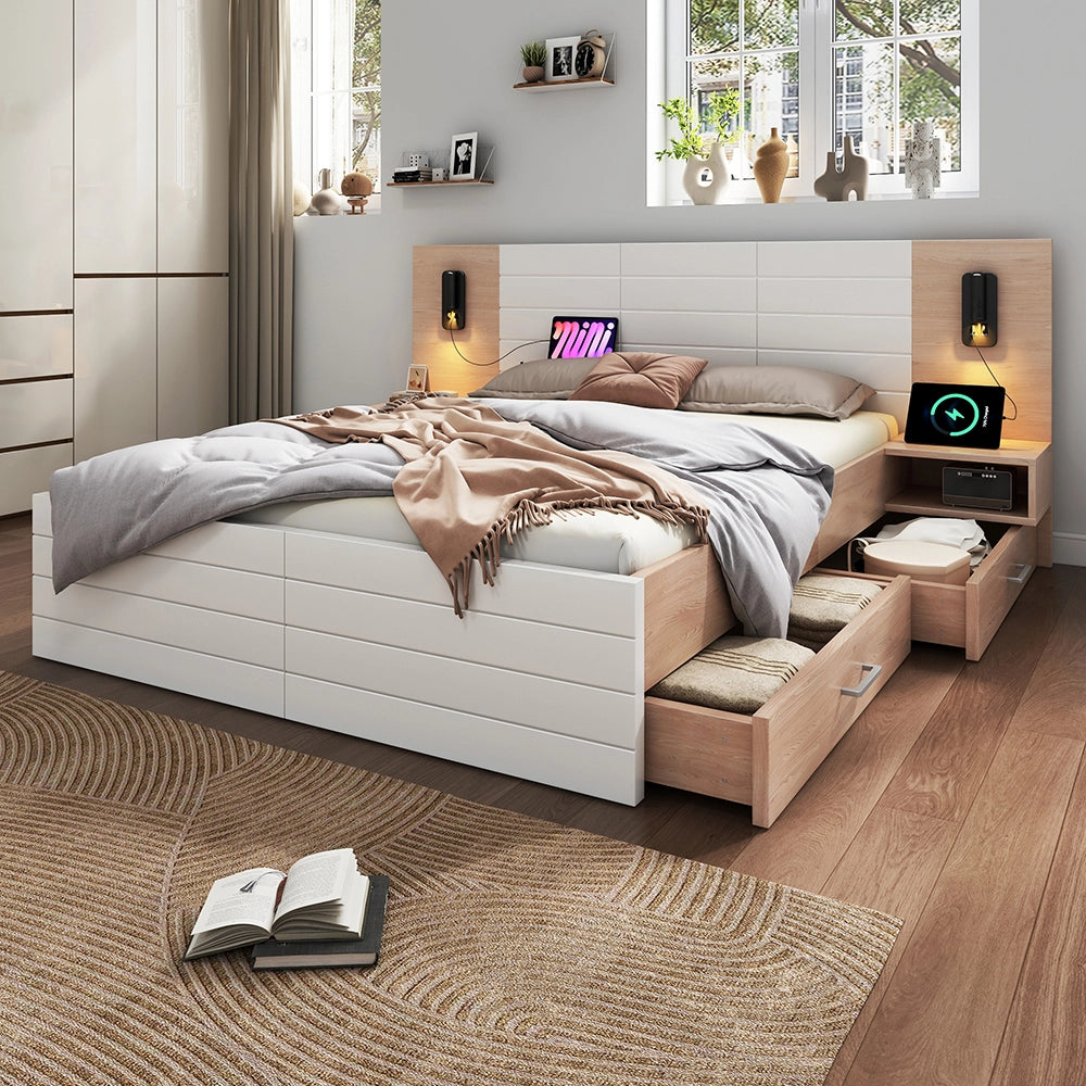 Letto matrimoniale con comodini - Xylo - 140x200 cm - Testiera con luce e USB