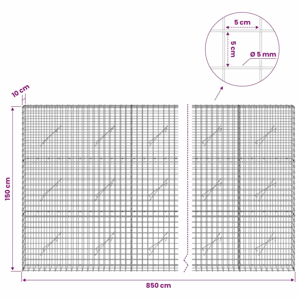 Gabione con filo da 5 mm e rete da 5x5 cm 850x10x150 cm 3464003