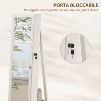 Specchio Portagioie Girevole per Camera da Letto con 2 Chiavi, in Legno Bianco e Vetro, 38x38x160 cm