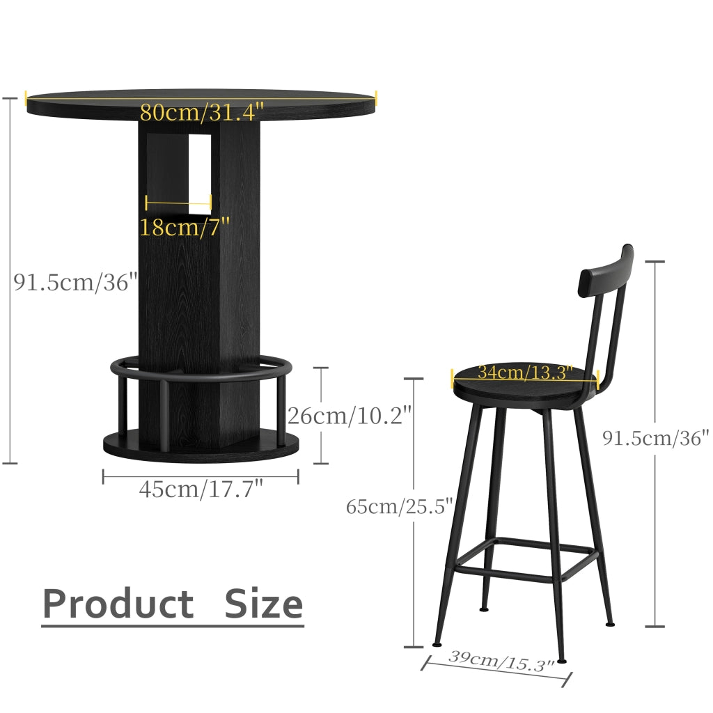 Tavolo da pranzo rotondo con 2 sgabelli e vani contenitore, stile mid-century modern, per cucina e soggiorno, diametro 80 cm