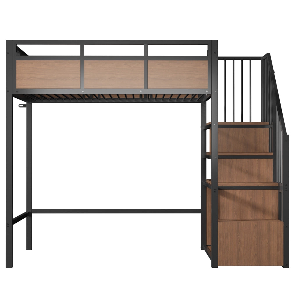 Letto a soppalco 90x200 cm con scala portaoggetti e LED in metallo e legno nero
