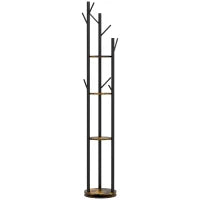 Appendiabiti da Terra Girevole con 8 Ganci e 4 Mensole in Stile Industriale, Ø30x175cm, Marrone