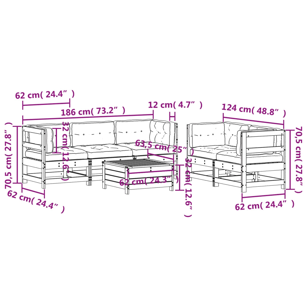 Set Divani Giardino 6 pz con Cuscini in Legno Massello di Pino 3250808