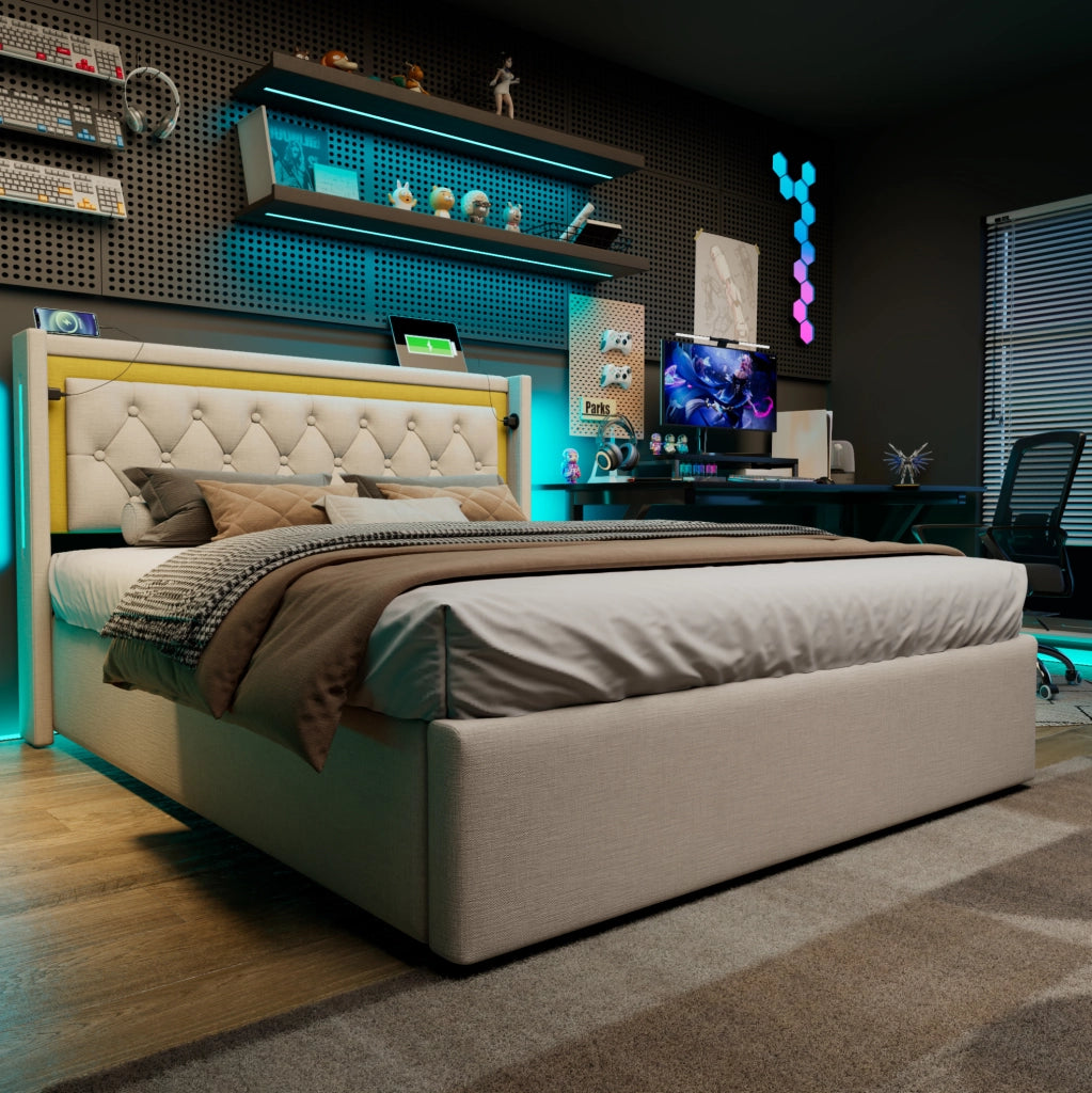 Letto matrimoniale imbottito con contenitore; LED; USB e Type-C 140x200 cm; beige chiaro