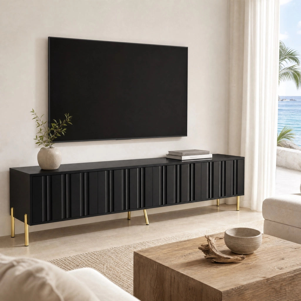 Mobile TV nero 190 cm con 4 ante, ripiani interni e piedini dorati