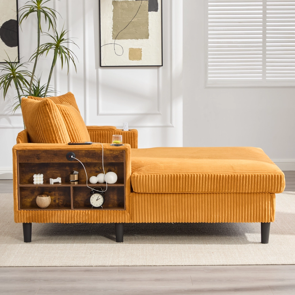 Chaise longue con vano; USB; LED; portabicchieri e tasca; in velluto a coste giallo senape
