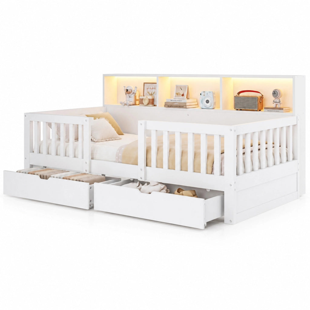 Letto per bambini 90x200 cm con sponda di sicurezza, 2 cassetti, ripiani integrati e LED, bianco
