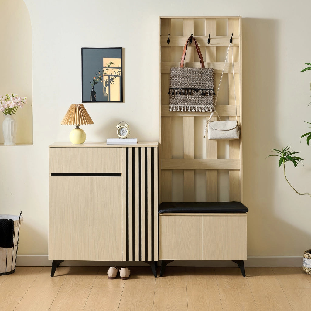 Mobili d'ingresso con panca; 4 ganci; 2 ante; 1 cassetto e ripiani regolabili; per ingresso e camera; legno; MDF