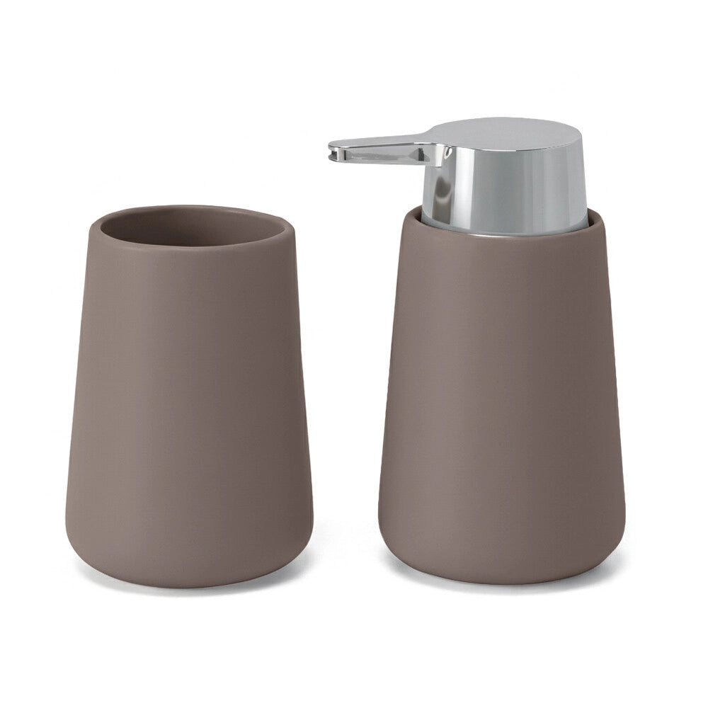 Set accessori bagno completo da 4 pezzi in ceramica tortora e cromo Sidney