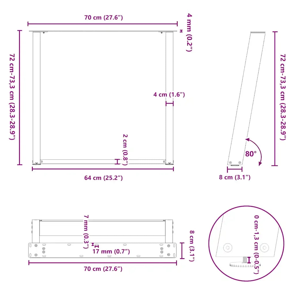 Gambe per tavolo da pranzo a forma di U 2 pz in acciaio naturale 70x(72-73) cm