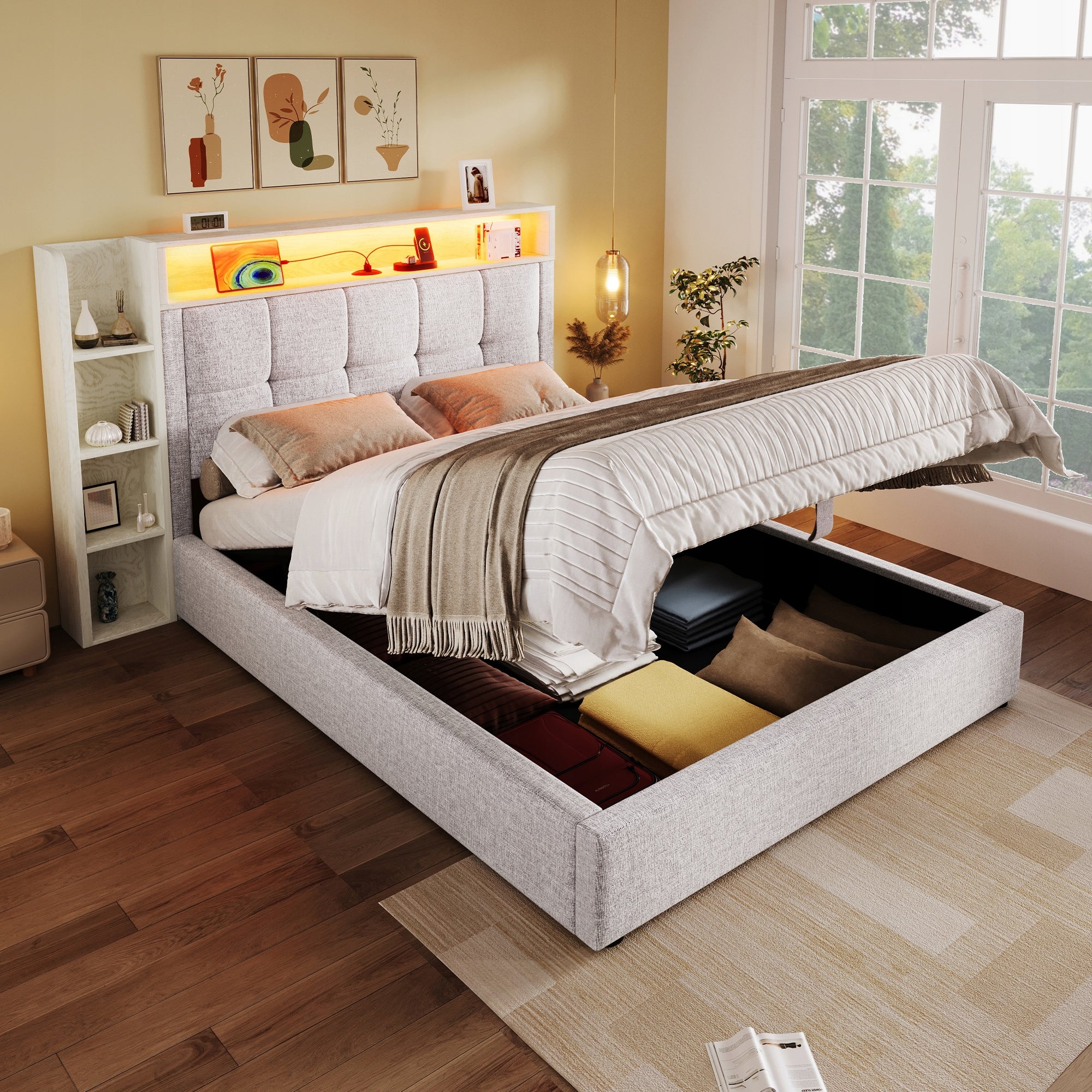 Letto imbottito 90x200 - Xylo - Beige, LED, USB-C, telaio sollevabile