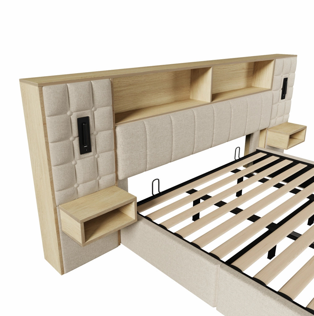 Letto matrimoniale 180x200 cm con contenitore; testiera con luci di lettura e prese USB Tipo C; beige