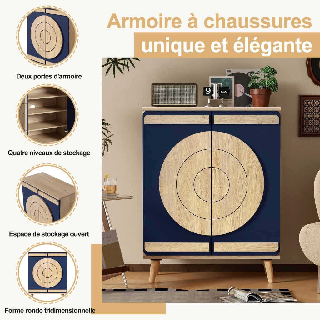 Mobile Scarpiera con 2 Ante geometriche Rotonde; 4 Ripiani; Stile Moderno; in Pannello truciolare; Blu; 76×37×98;5 cm