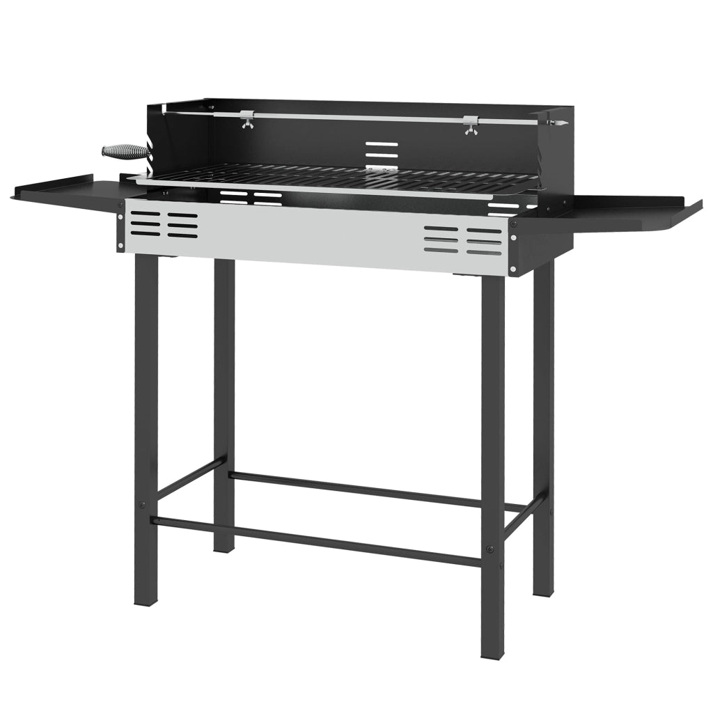 Barbecue a Carbone a 3 Livelli con Mensole Pieghevoli e Girarrosto 118x32x90 cm in Acciaio Inox Nero