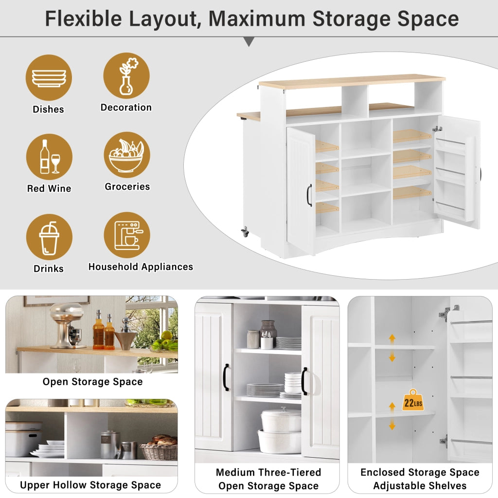 Isola da cucina con piano ribaltabile; ripiani regolabili; vani a giorno e 2 sgabelli; in MDF; 110 x 34-68 x 97;5 cm; bianco