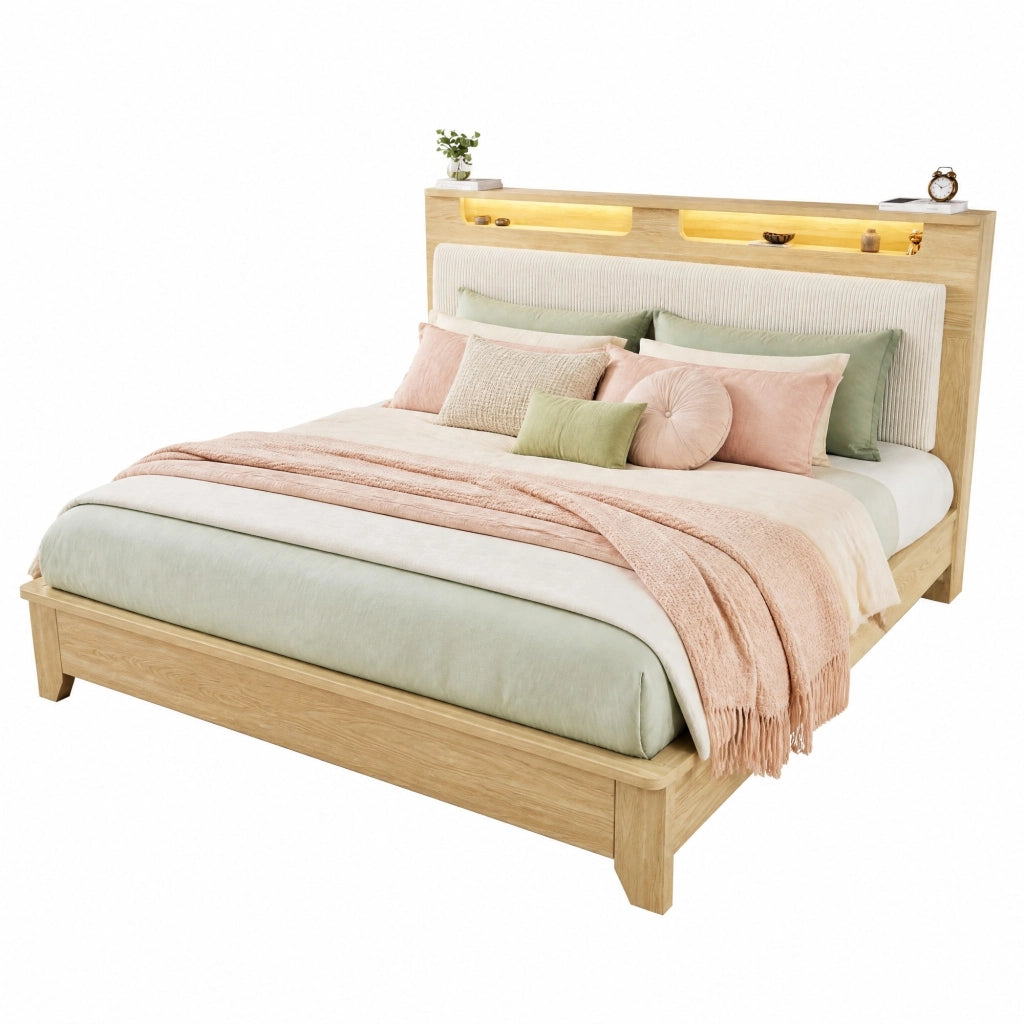 Letto matrimoniale in legno 160x200 cm con testiera LED, vano contenitore e materasso incluso