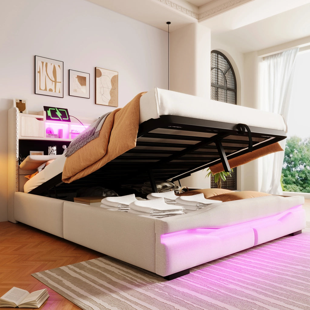 Letto Contenitore Letto Matrimoniale 140x200 cm con USB; Type-C; LED e vano testiera - Beige