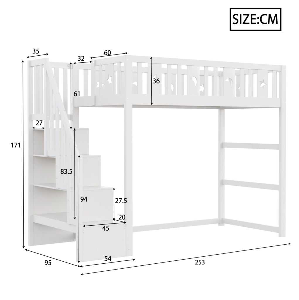 Letto a soppalco per bambini 90x200 cm con scala e ripiani; in legno; bianco