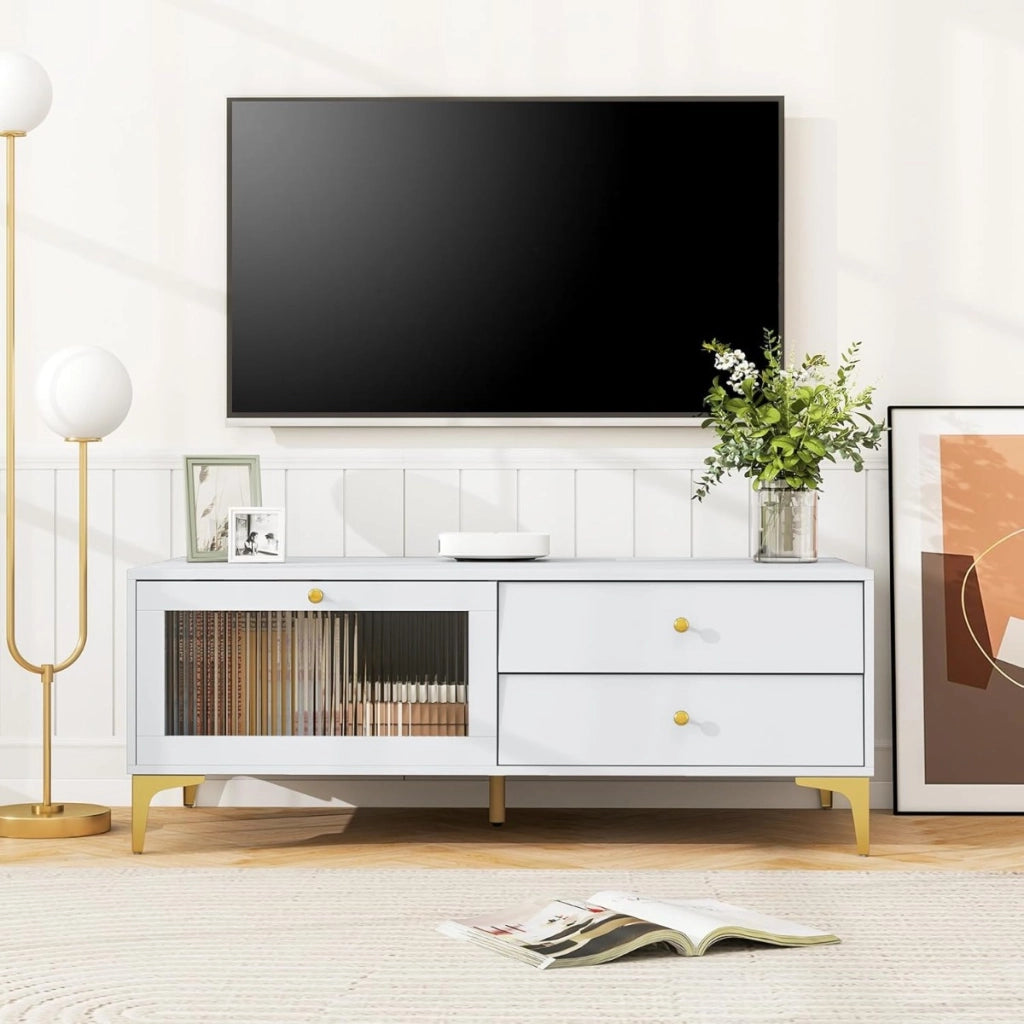 Porta tv 55¡± mobile console con scomparti e porta a ribalta in vetro-Mobile Porta TV Centro di intrattenimento per soggiorno Grigio Chiaro