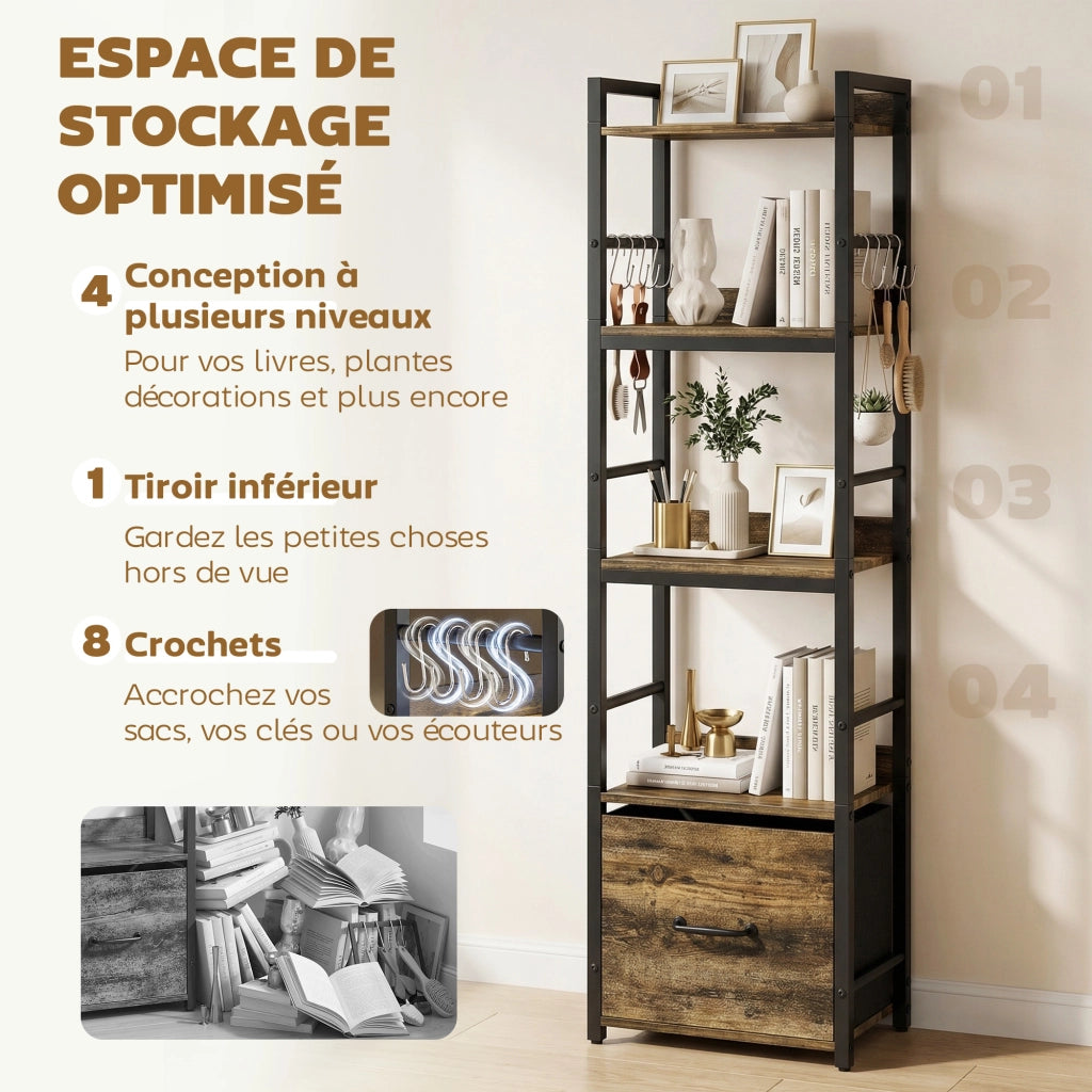 Libreria 4 Livelli con Cassetto e Ganci ¨C Zephmum ¨C Marrone Rustico 39x26x136.5 cm