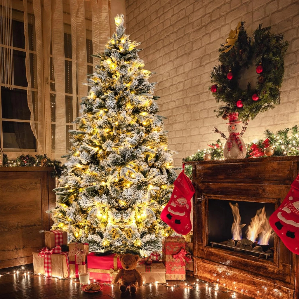 Albero di Natale Innevato136/186 cm, Albero di Natale con 150/250 Luci LED Bianco Caldo, 384/752 Punte di Ramo Miste e Aghi di Pino per Casa e Ufficio (186 cm)