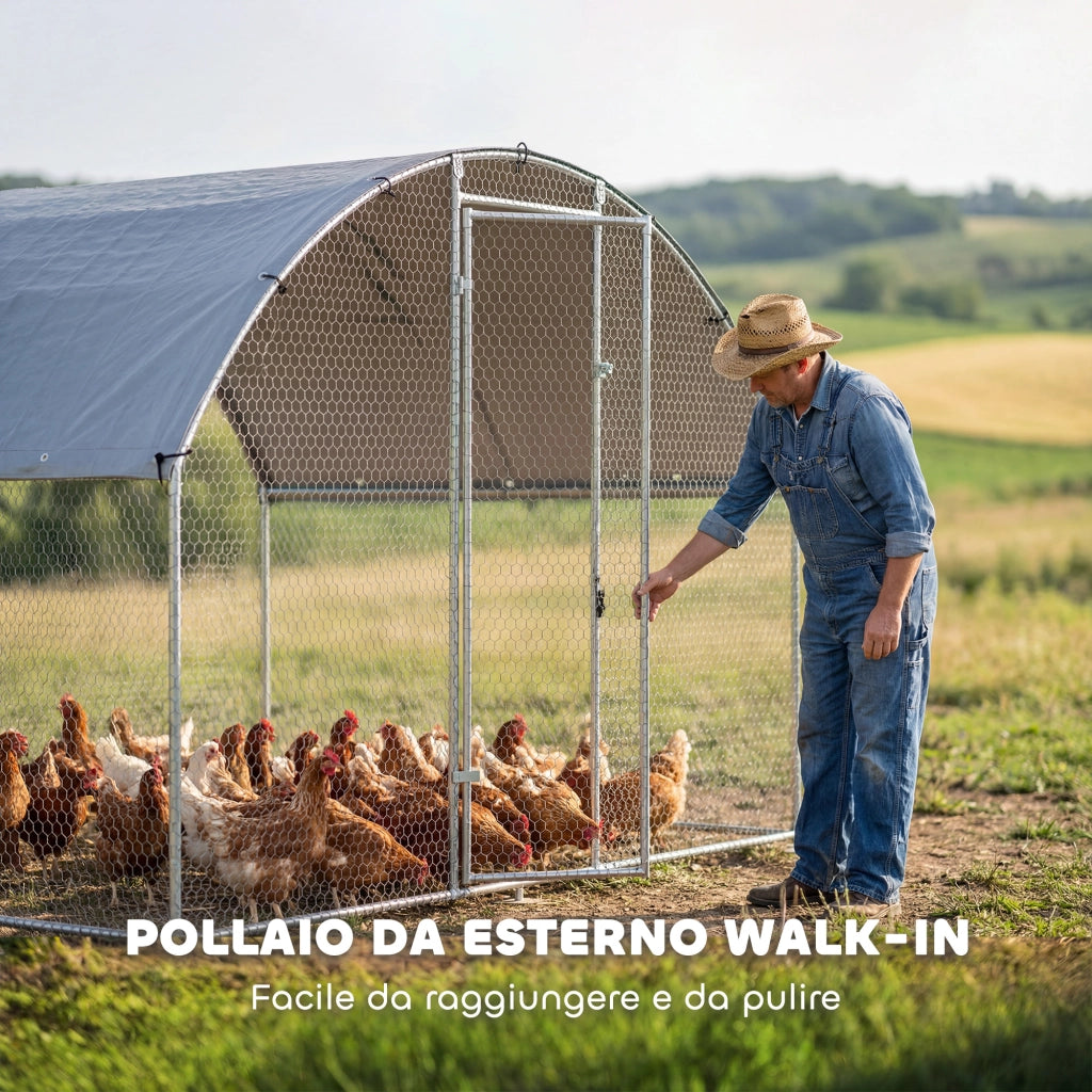 Pollaio per Galline da Esterno 280x170x190 cm con Tetto Impermeabile e Serratura in Acciaio Zincato Argento