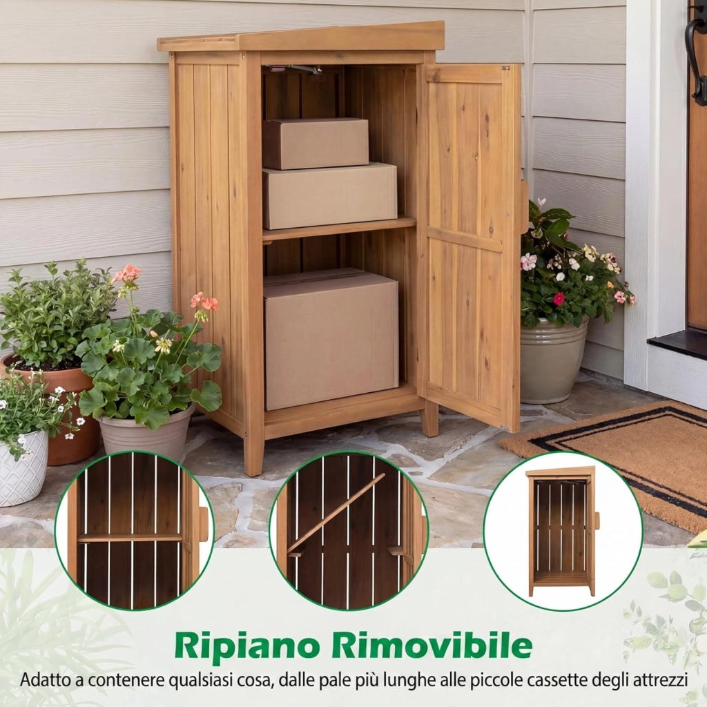 Armadio da Esterno in Legno Massello con Ripiano Rimovibile, Casetta Porta Attrezzi con Porta e Coperchio Apribile, Contenitore per Bidoni Spazzatura per Giardino, Cortile e Patio