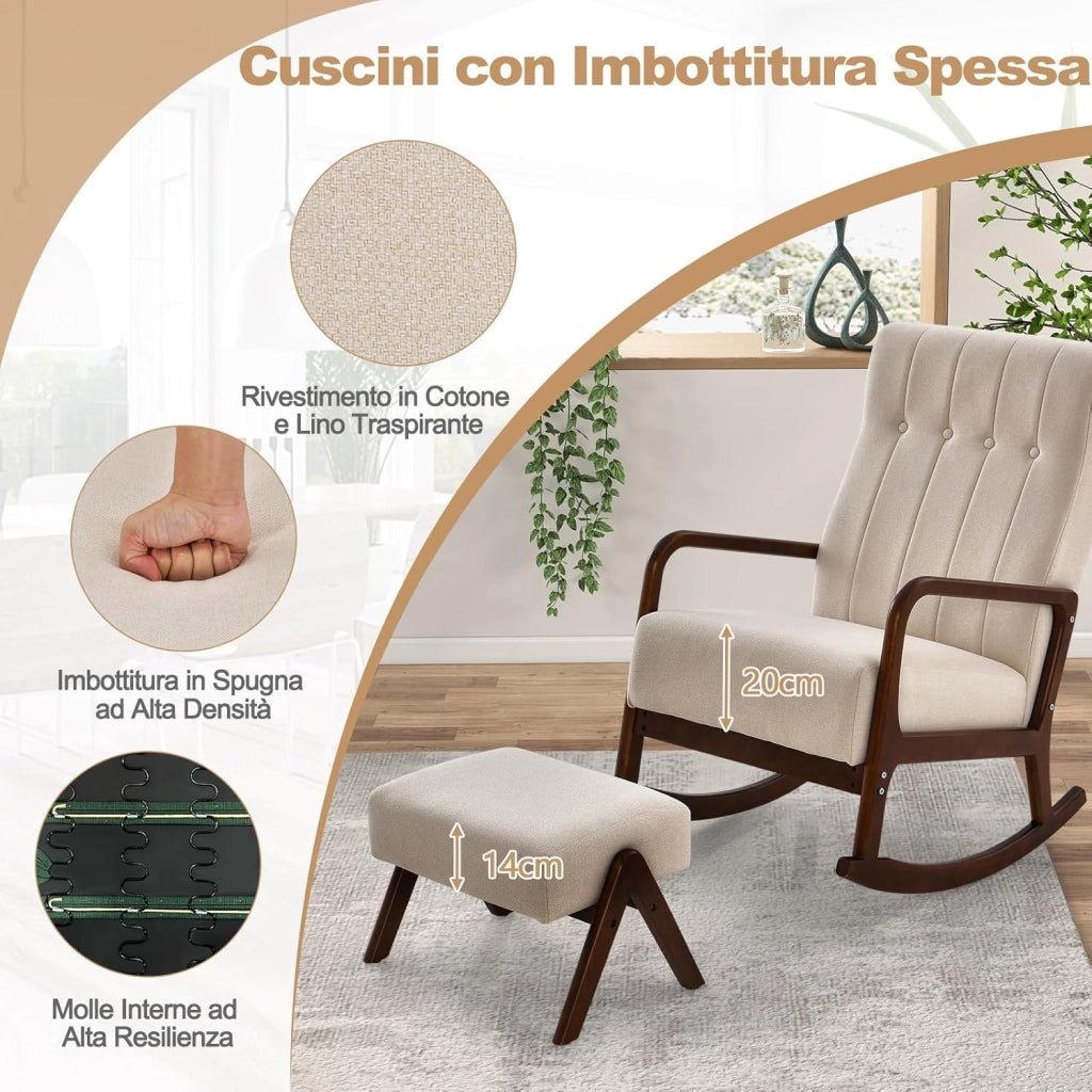 Poltrona a Dondolo con Poggiapiedi, Poltrona Imbottita in Tessuto con Struttura in Legno di Gomma Massello, Set Sedia a Dondolo e Poggiapiedi per Cameretta, Salotto (Beige)
