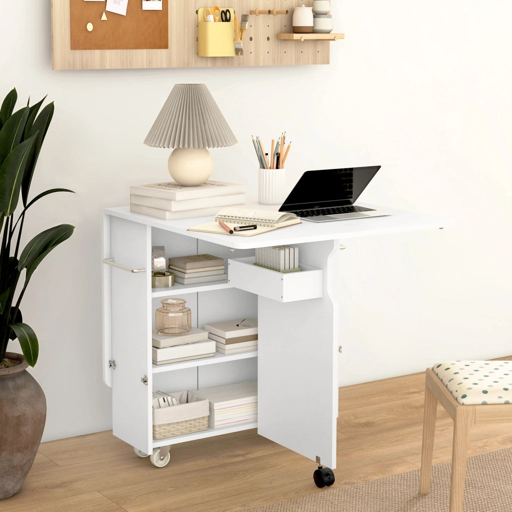 Tavolo pieghevole a 3 livelli con ripiani, box e rotelle ¨C zephmum ¨C MDF bianco 130x80x76.5 cm