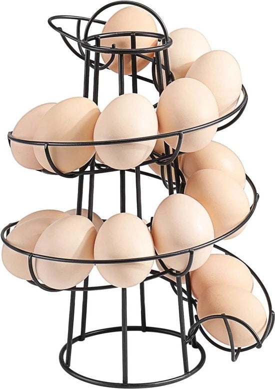 Eierhouder con design a spirale per la cucina, moderno, con cornice in acciaio inossidabile, stante, per uova di gallina, con rete per uova, nero