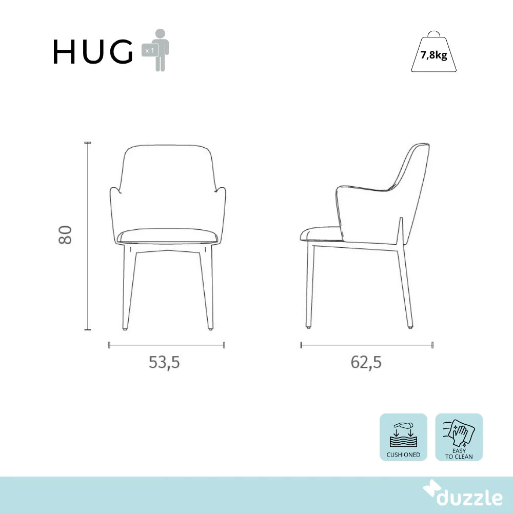 Set di 4 sedie da pranzo imbottite in tessuto marrone Hug con struttura in metallo facili da pulire | Duzzle