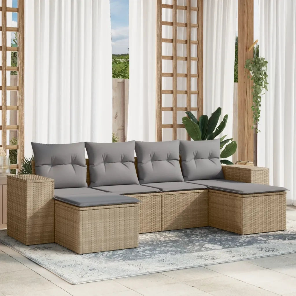 Set Divano da Giardino 6 pz | Set Salotto da Giardino con Cuscini Beige in Polyrattan
