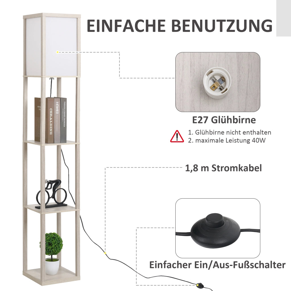 Libreria Lampada a Stelo con Ripiani ¨C zephmum ¨C Legno, Grigio, 26x26x160 cm