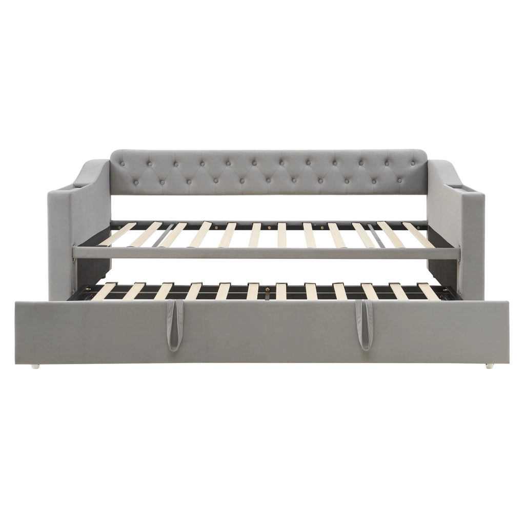 Divano letto estraibile 90/180 x 190 cm in velluto grigio con USB e vani portaoggetti