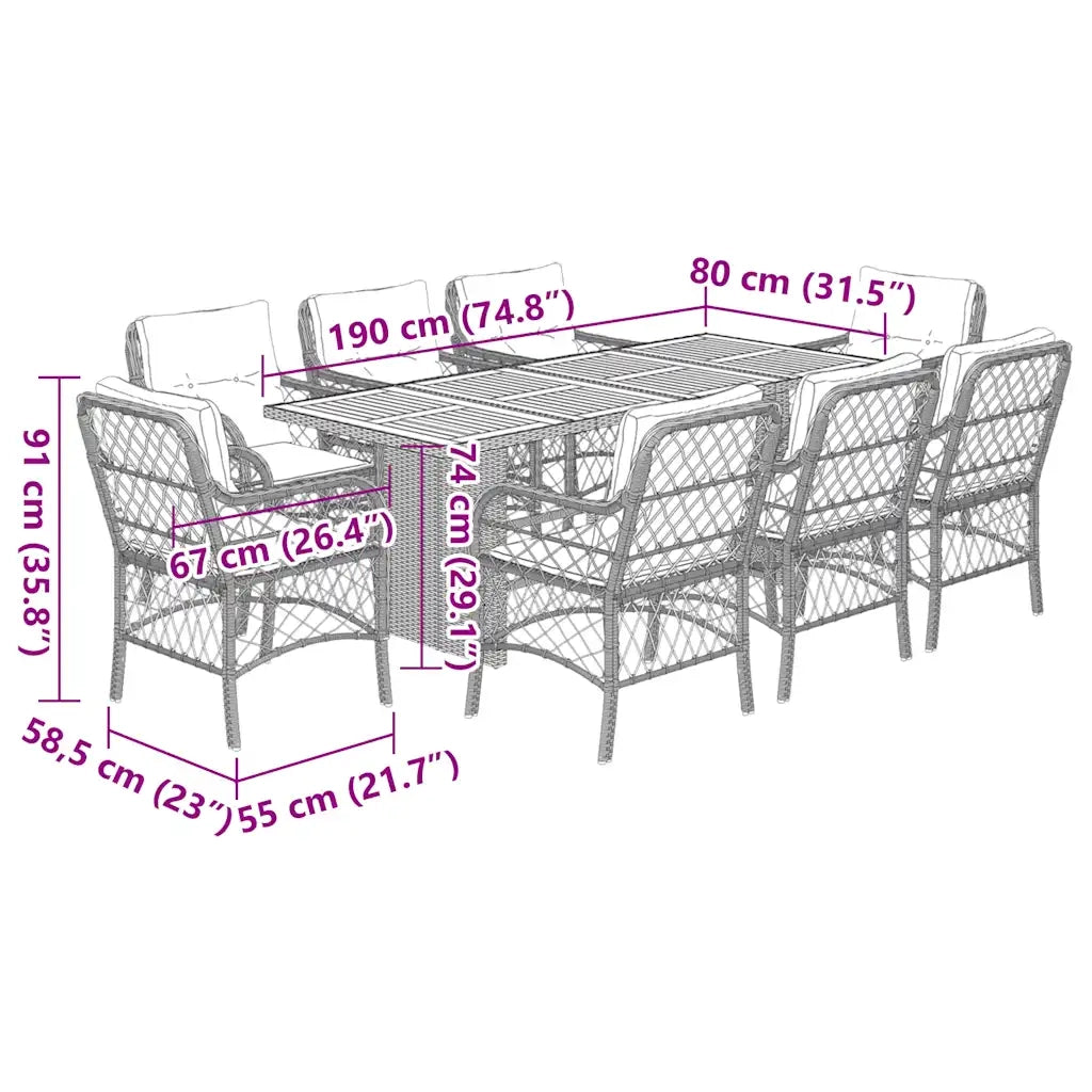 Set da Pranzo da Giardino 9 pz con Cuscini in Polyrattan Grigio