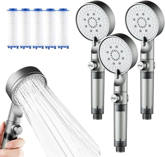 Douchekop con filtro ad alta pressione con cinque impostazioni, potente getto ad alta pressione, con filtro ad alta pressione regolabile a mano, integrazione di tre getti intensi per acqua dura.